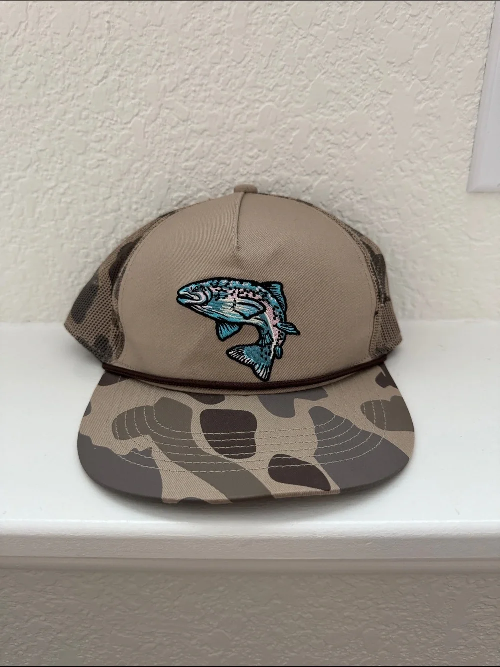 Beige Camo Fishing Trucker Hat with Blue Fish Patch
